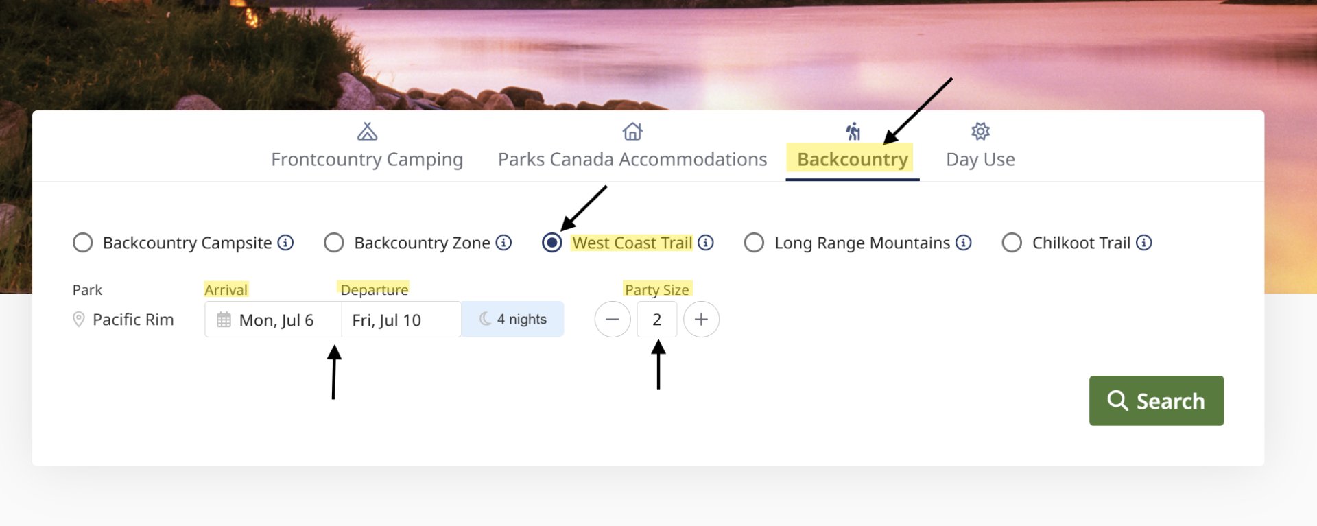 Parks Canada reservation page