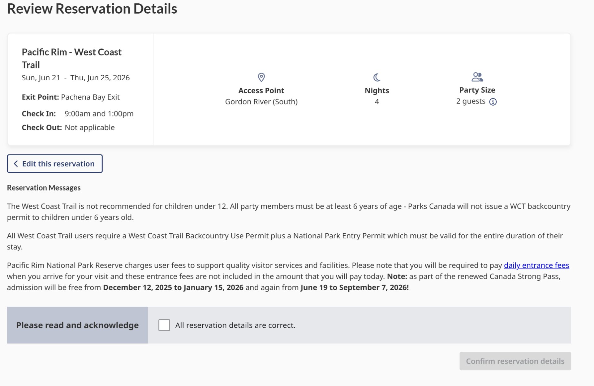 Booking confirmation screen