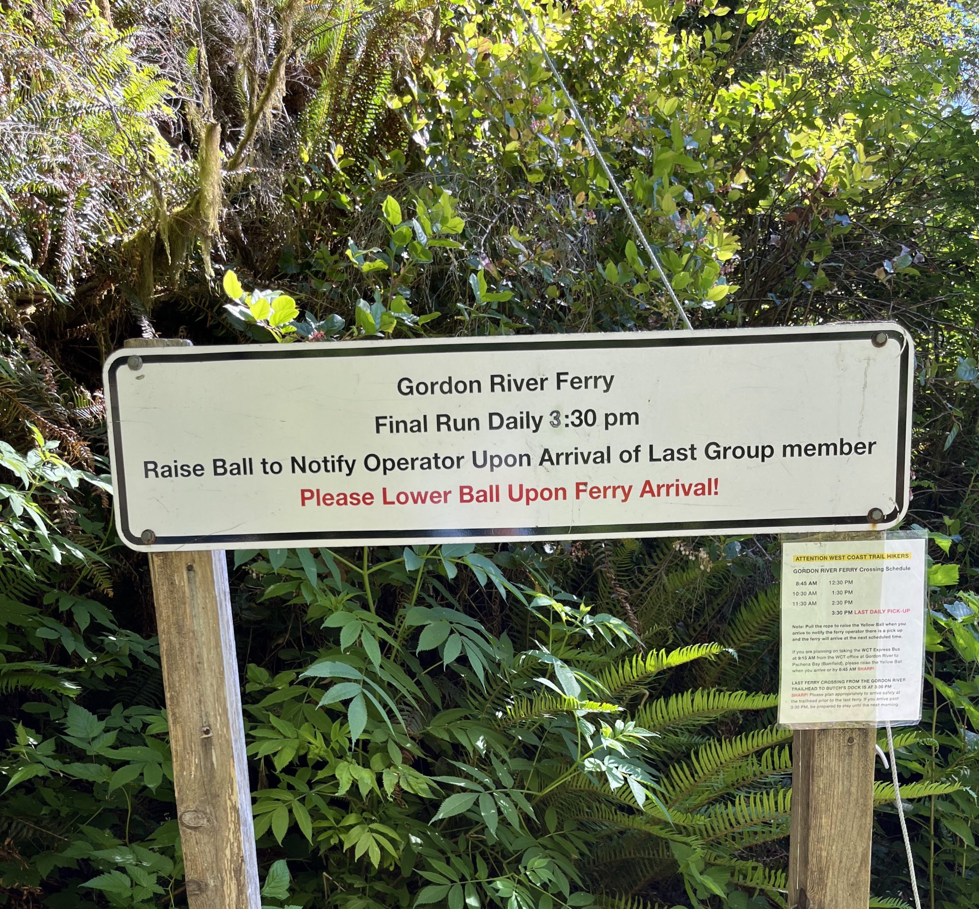 Gordon River Ferry Info Sign with times