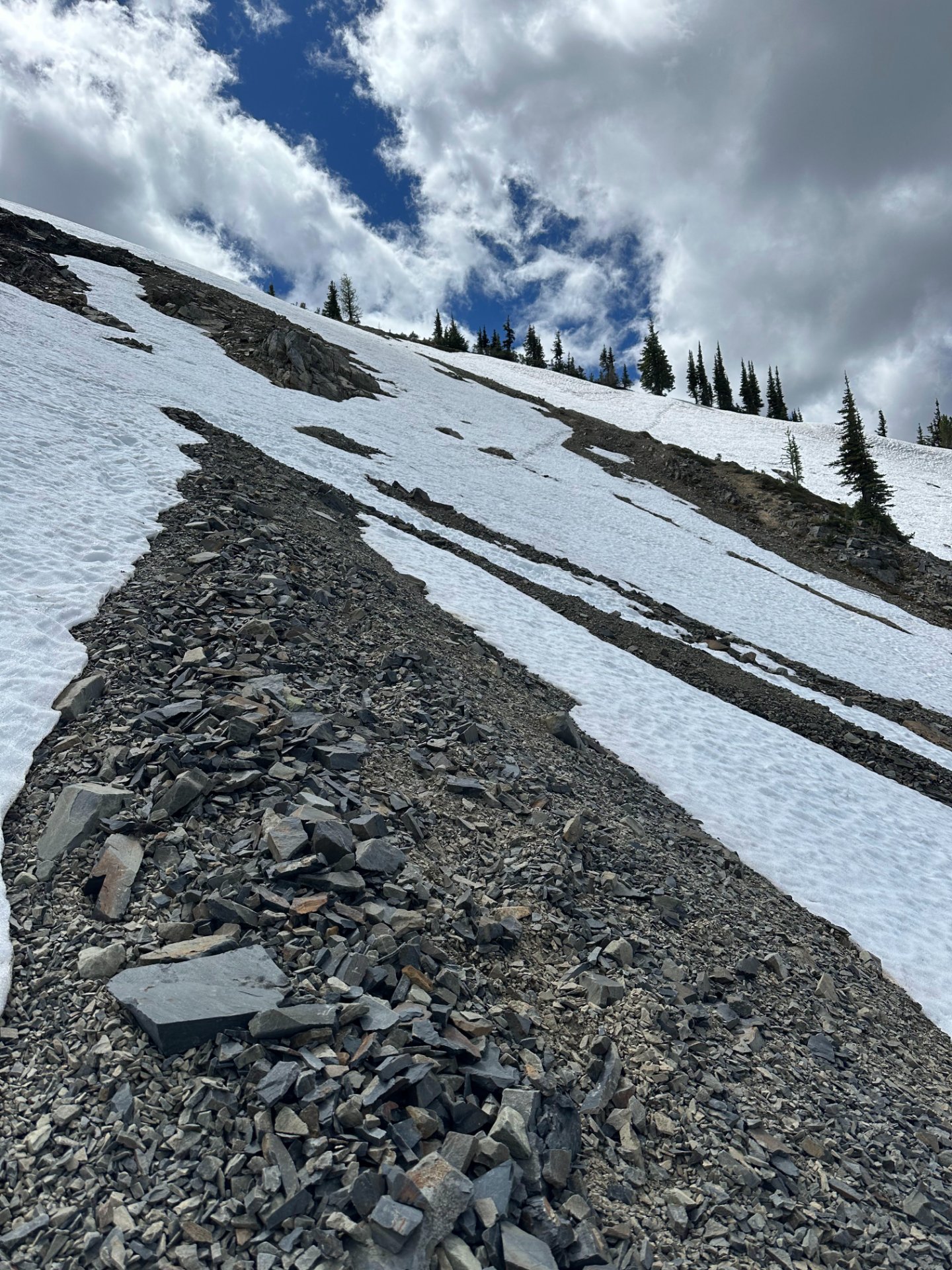 Looking up at the steepest snow section