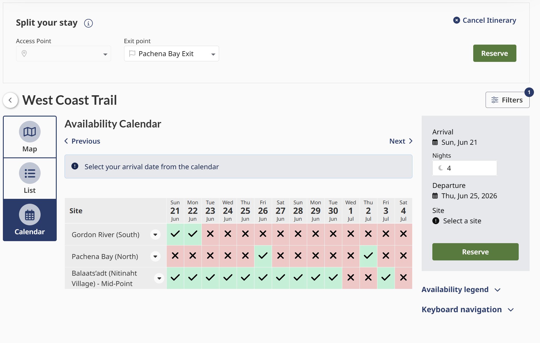 Calendar view of available dates